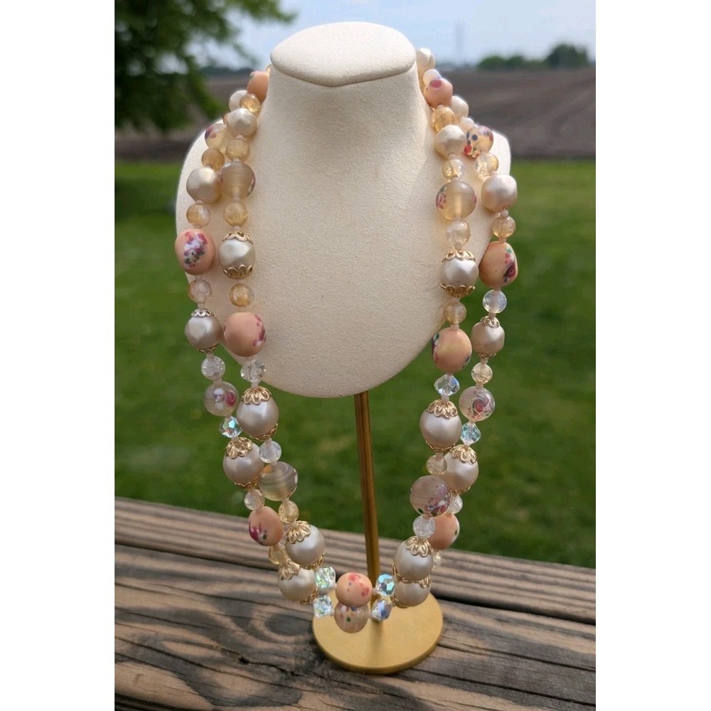 Vtg Two Strand Bead/Pearl Necklace Japan Pink/White Flowers Costume Jewelry